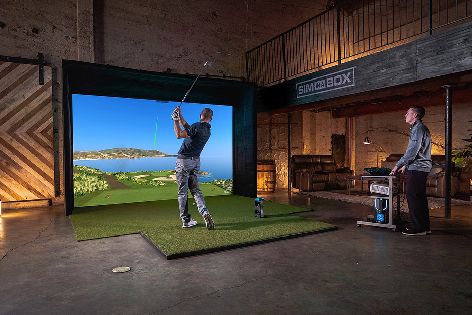 Foresight Sports Sim-In-A-Box: Eagle Plus Package displayed in a warehouse studio