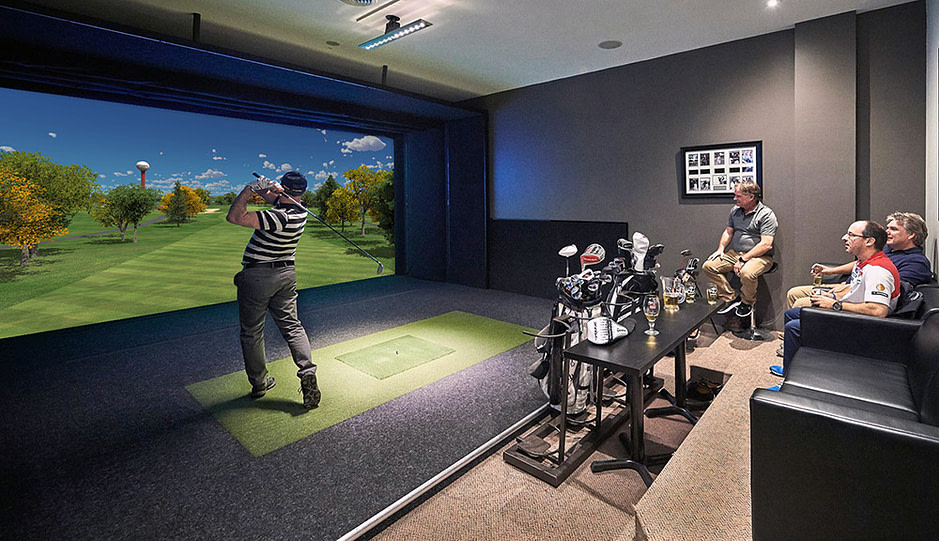 Full Swing Gof Pro Series home golf simulator shown with four golfers enjoying a round